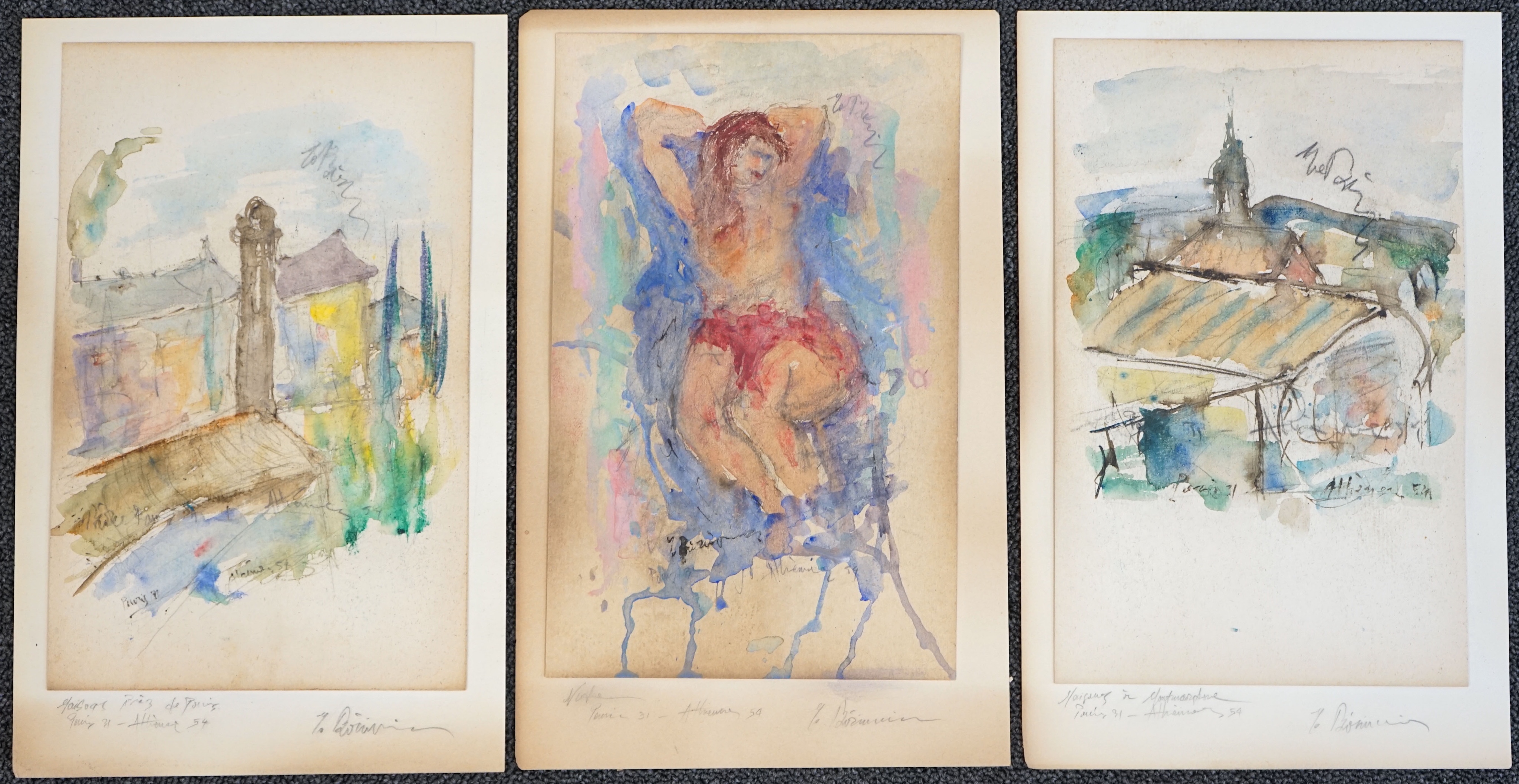 Georgios Bouzianis (Greek, 1885-1959), Reclining nude and studies of buildings, together with a head study with inscription below, three watercolours and a ballpoint sketch, watercolours 29 x 18cm, folder with internal s